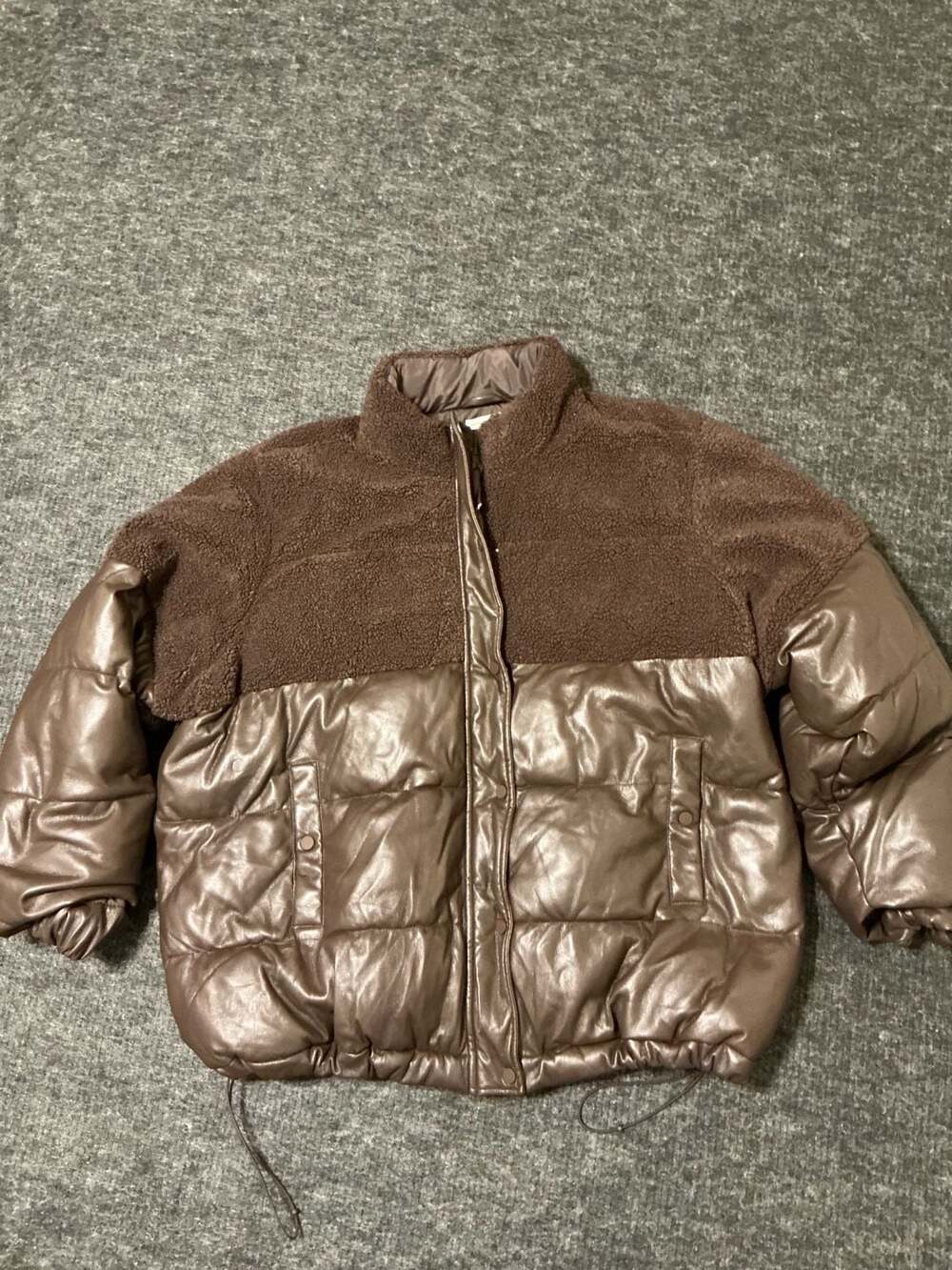 Good American Puffer Jacket Wokens Size 5 Brown Sherpa Mix Faux Leather Quilted